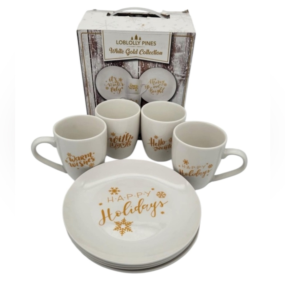 White and Gold Holiday Mug and Plate Set